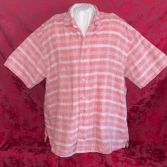 Tommy Bahama Mens Linen Button‎ Down Shirt Sleeve Shirt Pink Plaid XXL Vintage - Picture 2 of 9